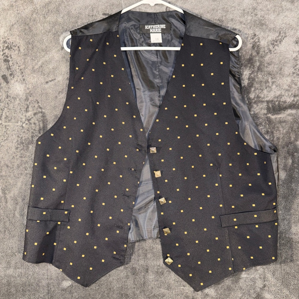 Katherine Marie Vintage Black Gold Square Pattern Vest Size 18 Made in USA